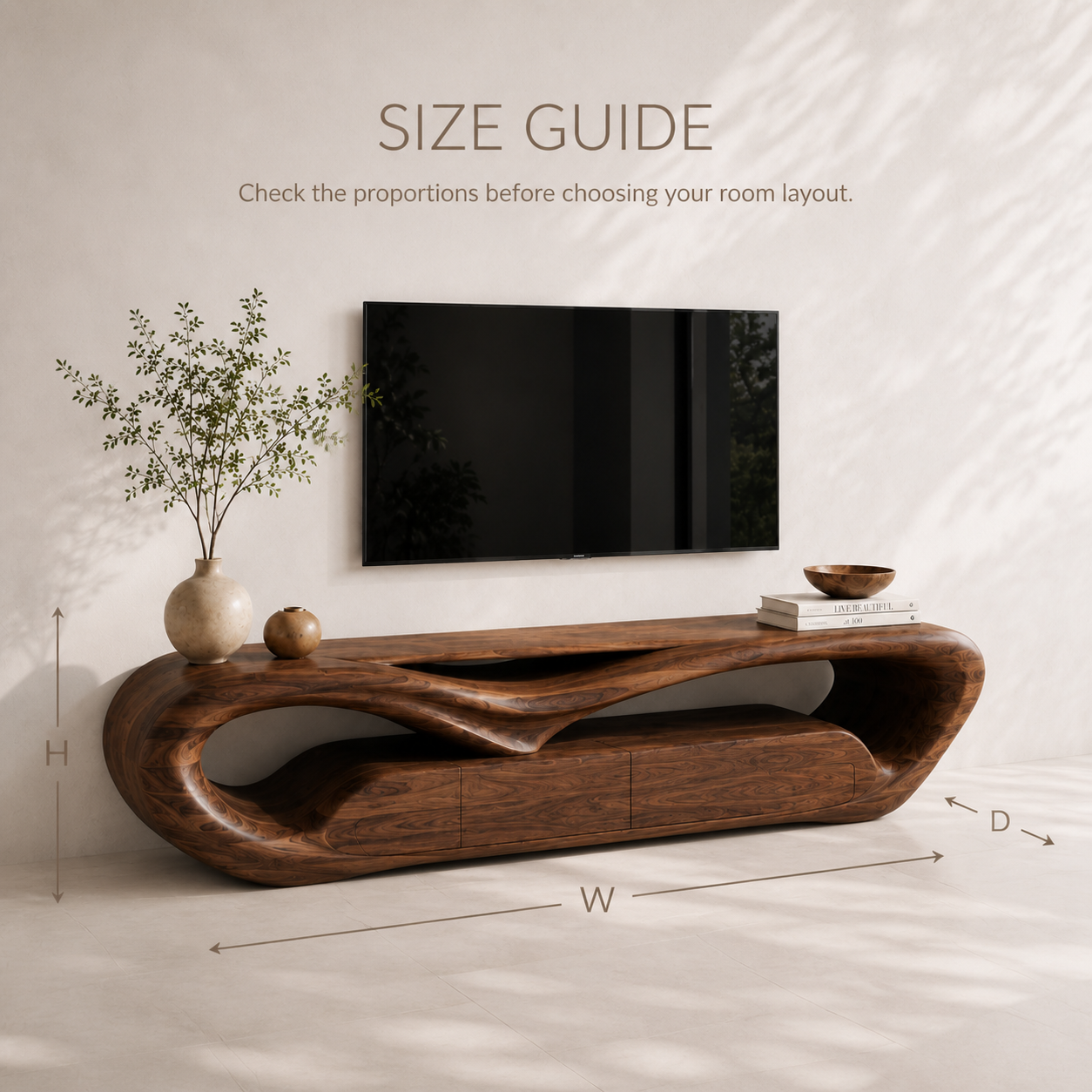 Esme Sculptural Solid Wood TV Stand - Design 049 - TV stand detail and styling view 07