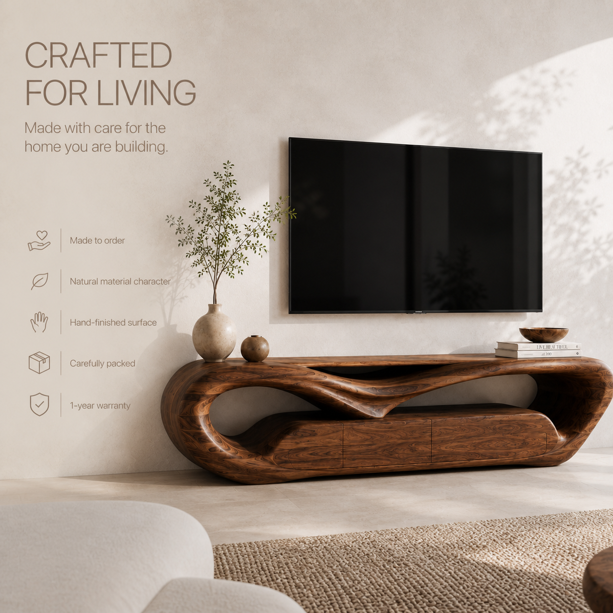 Esme Sculptural Solid Wood TV Stand - Design 049 - TV stand detail and styling view 08