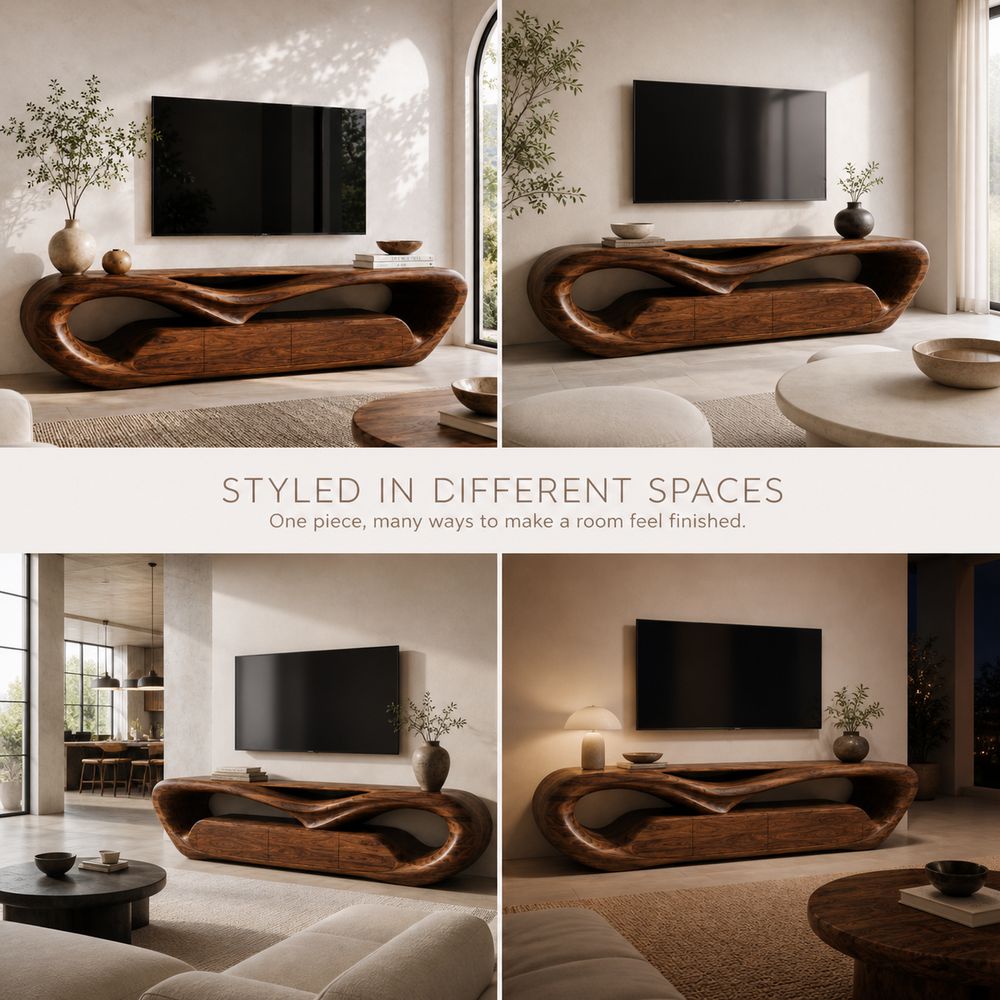 Esme Sculptural Solid Wood TV Stand - Design 049 - TV stand detail and styling view 09
