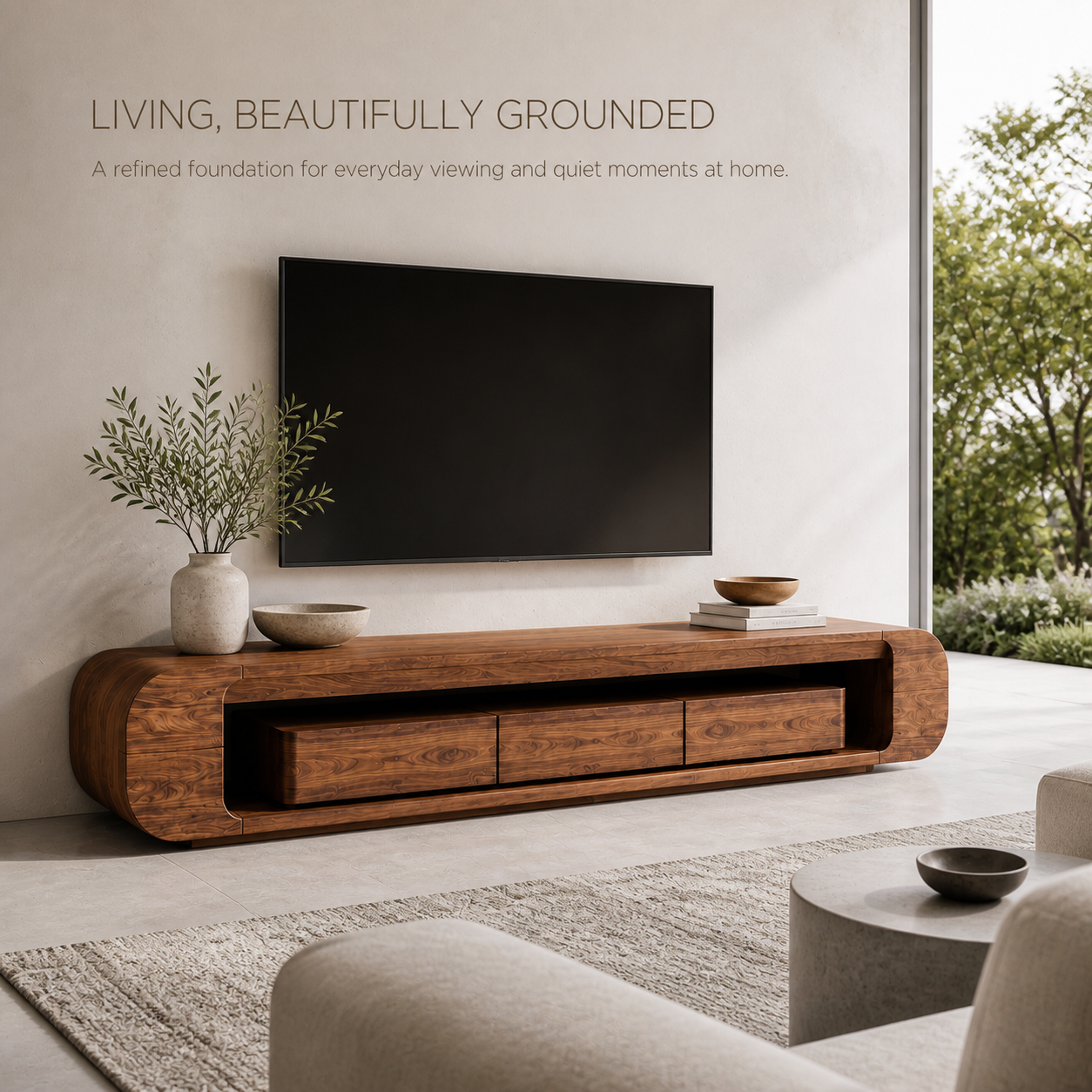 Tova Sculptural Solid Wood TV Stand - Design 050 - TV stand detail and styling view 01