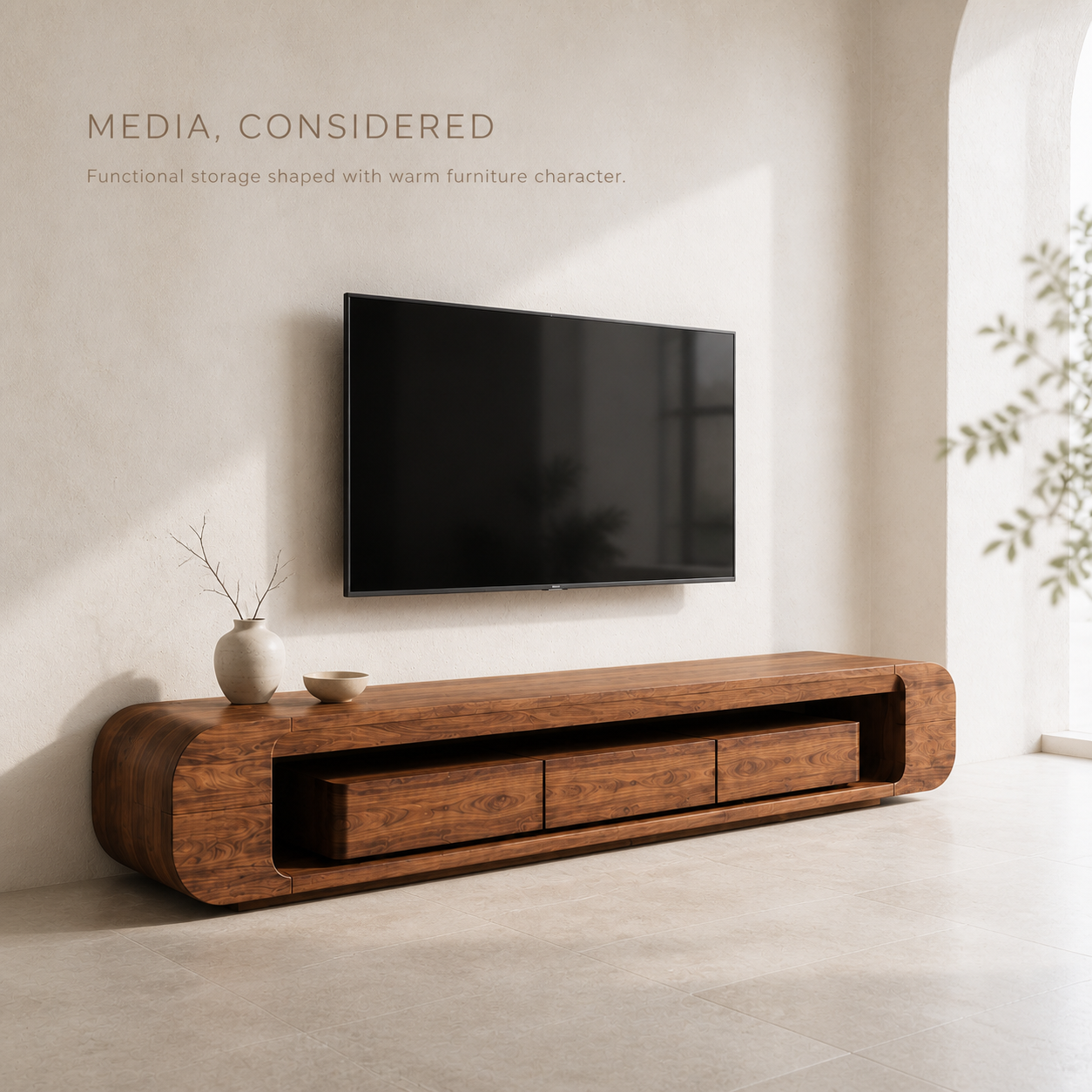 Tova Sculptural Solid Wood TV Stand - Design 050 - TV stand detail and styling view 02