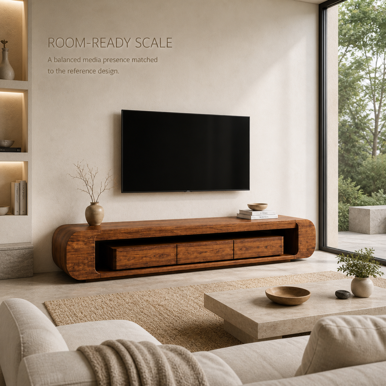 Tova Sculptural Solid Wood TV Stand - Design 050 - TV stand detail and styling view 03