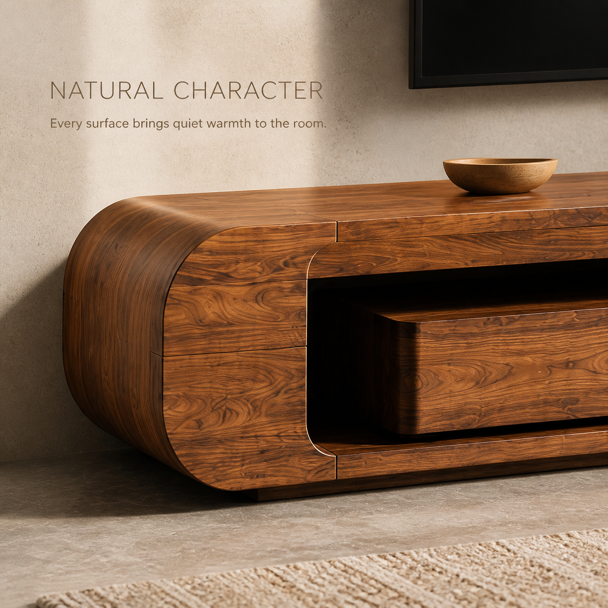 Tova Sculptural Solid Wood TV Stand - Design 050 - TV stand detail and styling view 04
