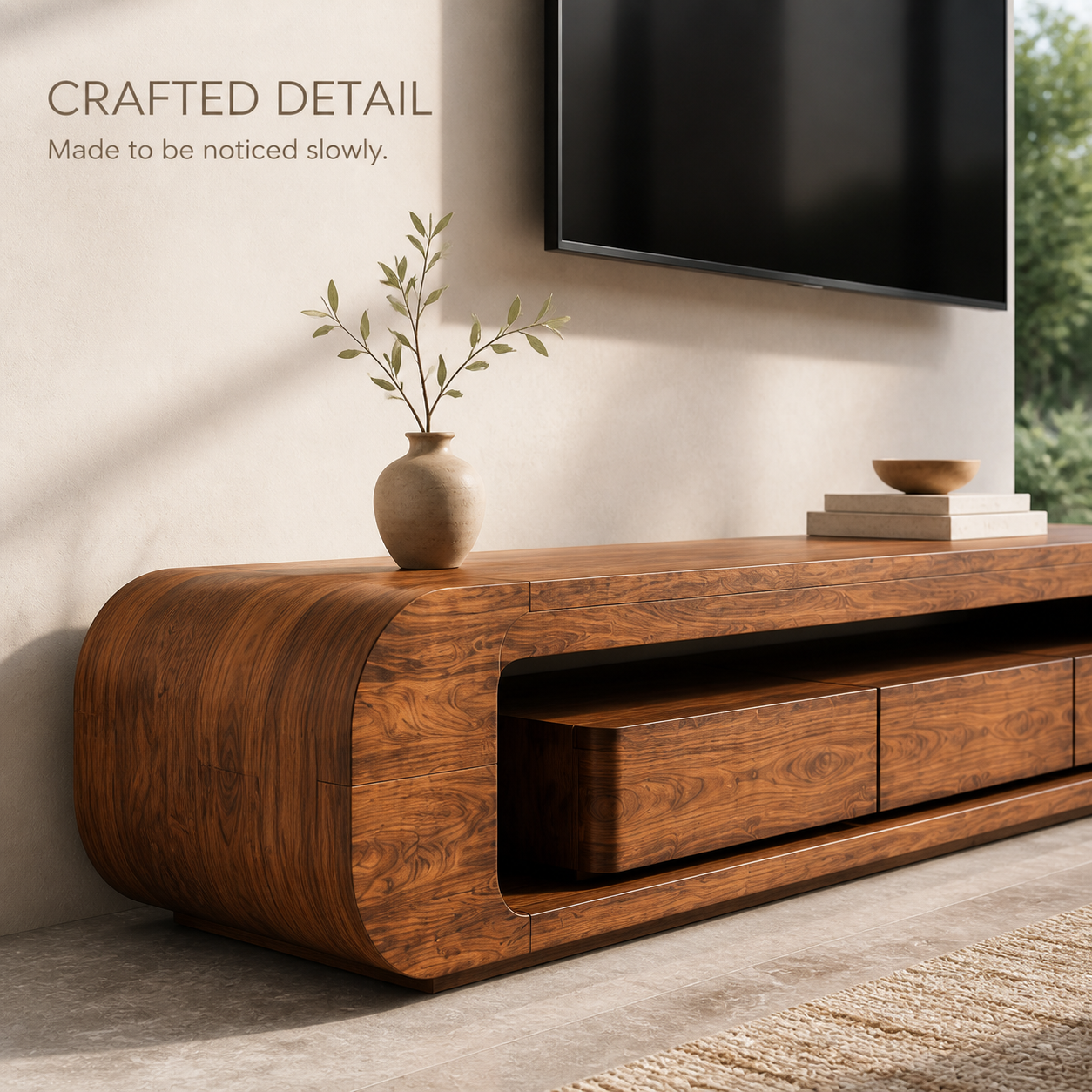 Tova Sculptural Solid Wood TV Stand - Design 050 - TV stand detail and styling view 05