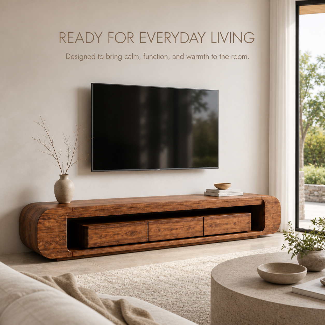 Tova Sculptural Solid Wood TV Stand - Design 050 - TV stand detail and styling view 06