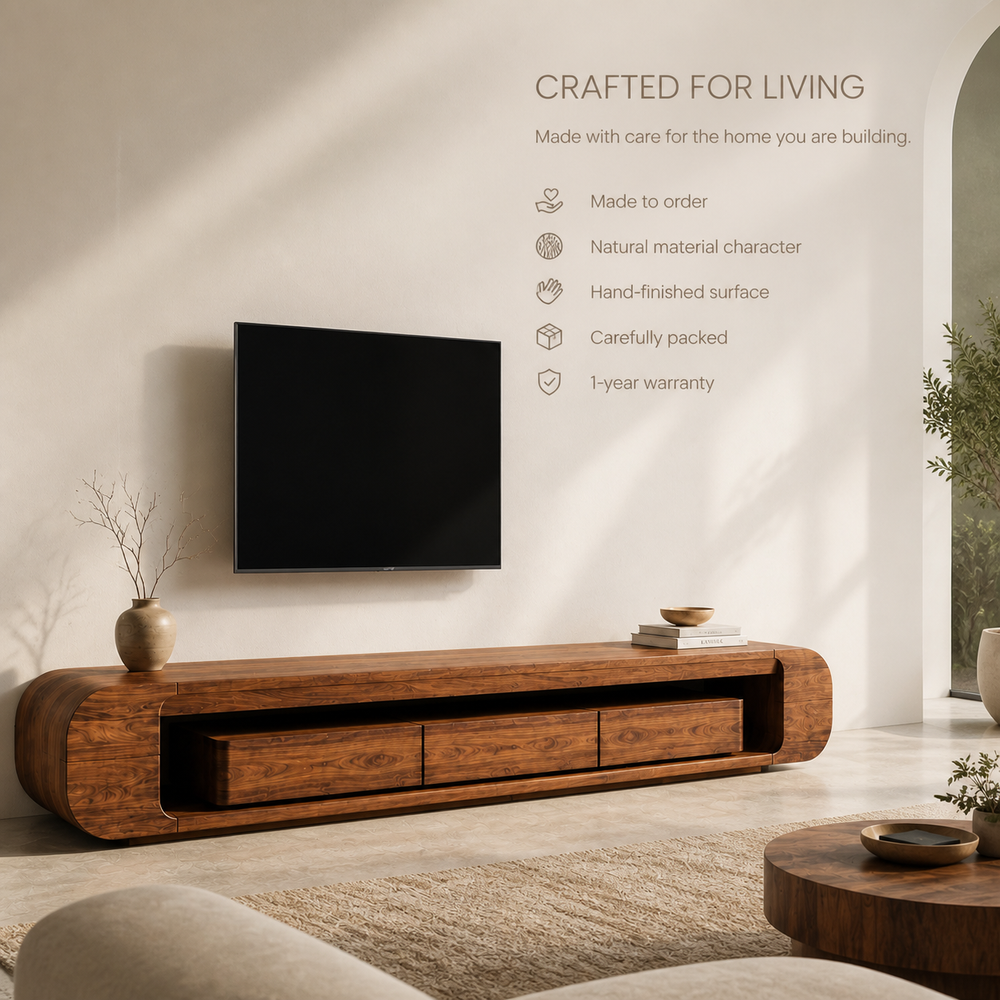 Tova Sculptural Solid Wood TV Stand - Design 050 - TV stand detail and styling view 08