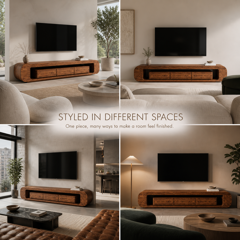 Tova Sculptural Solid Wood TV Stand - Design 050 - TV stand detail and styling view 09