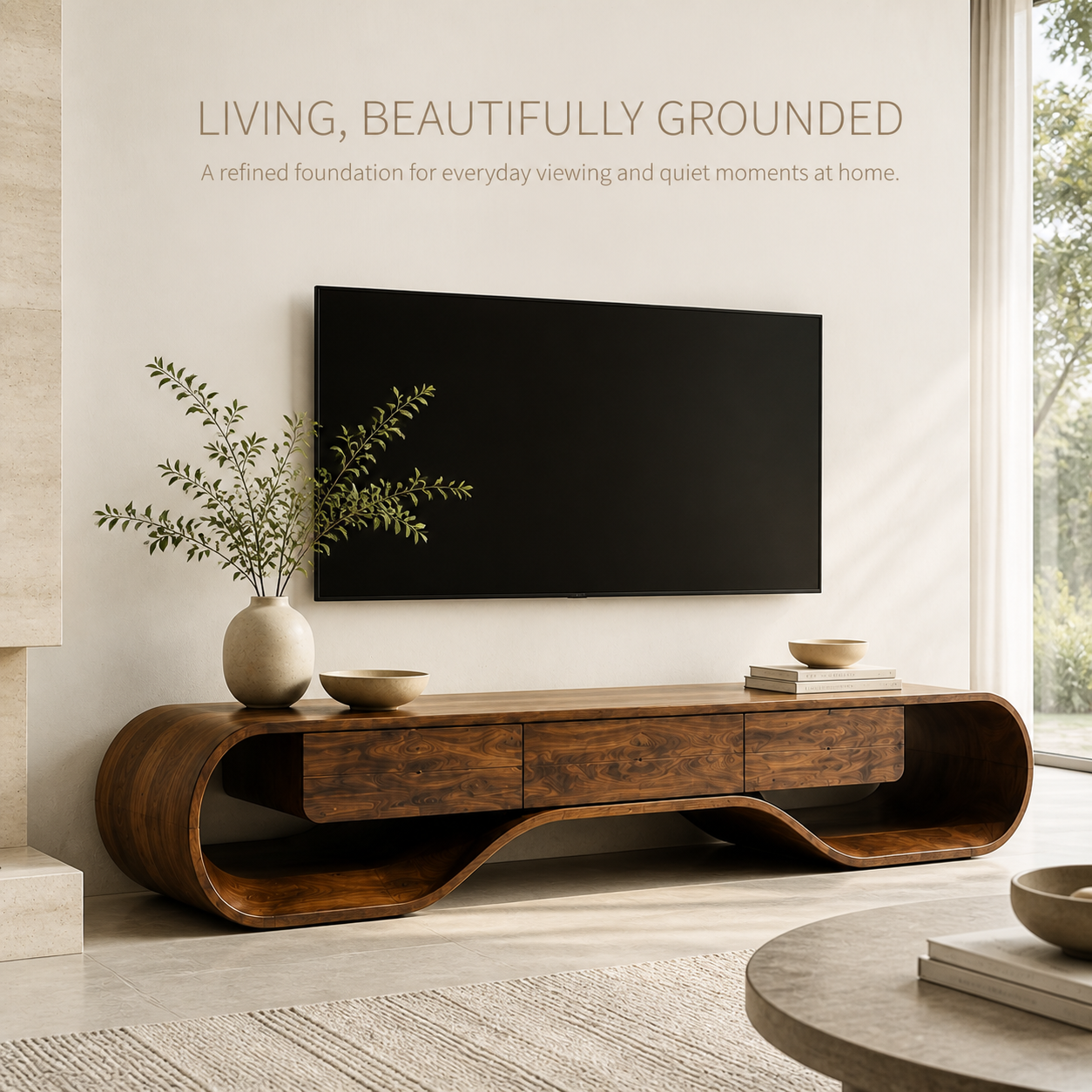 Ilyan Sculptural Solid Wood TV Stand - Design 051 - TV stand detail and styling view 01