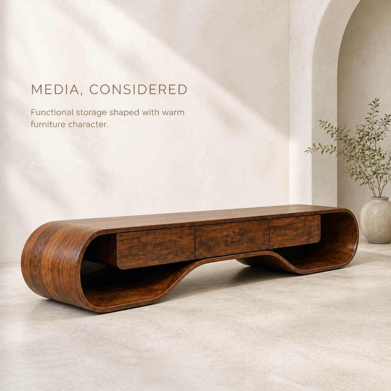 Ilyan Sculptural Solid Wood TV Stand - Design 051 - TV stand detail and styling view 02