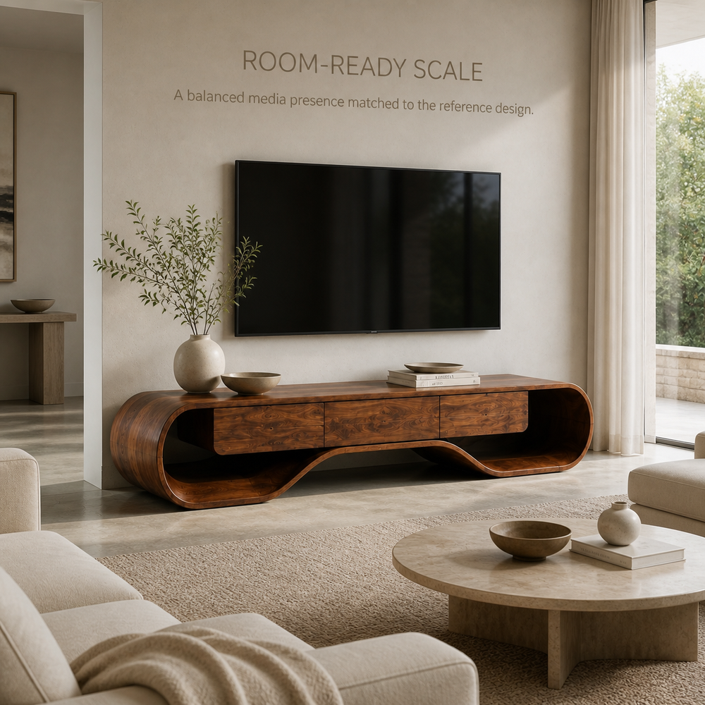 Ilyan Sculptural Solid Wood TV Stand - Design 051 - TV stand detail and styling view 03