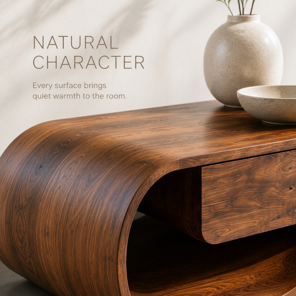 Ilyan Sculptural Solid Wood TV Stand - Design 051 - TV stand detail and styling view 04