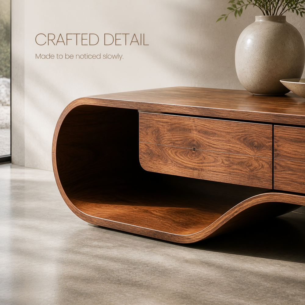Ilyan Sculptural Solid Wood TV Stand - Design 051 - TV stand detail and styling view 05