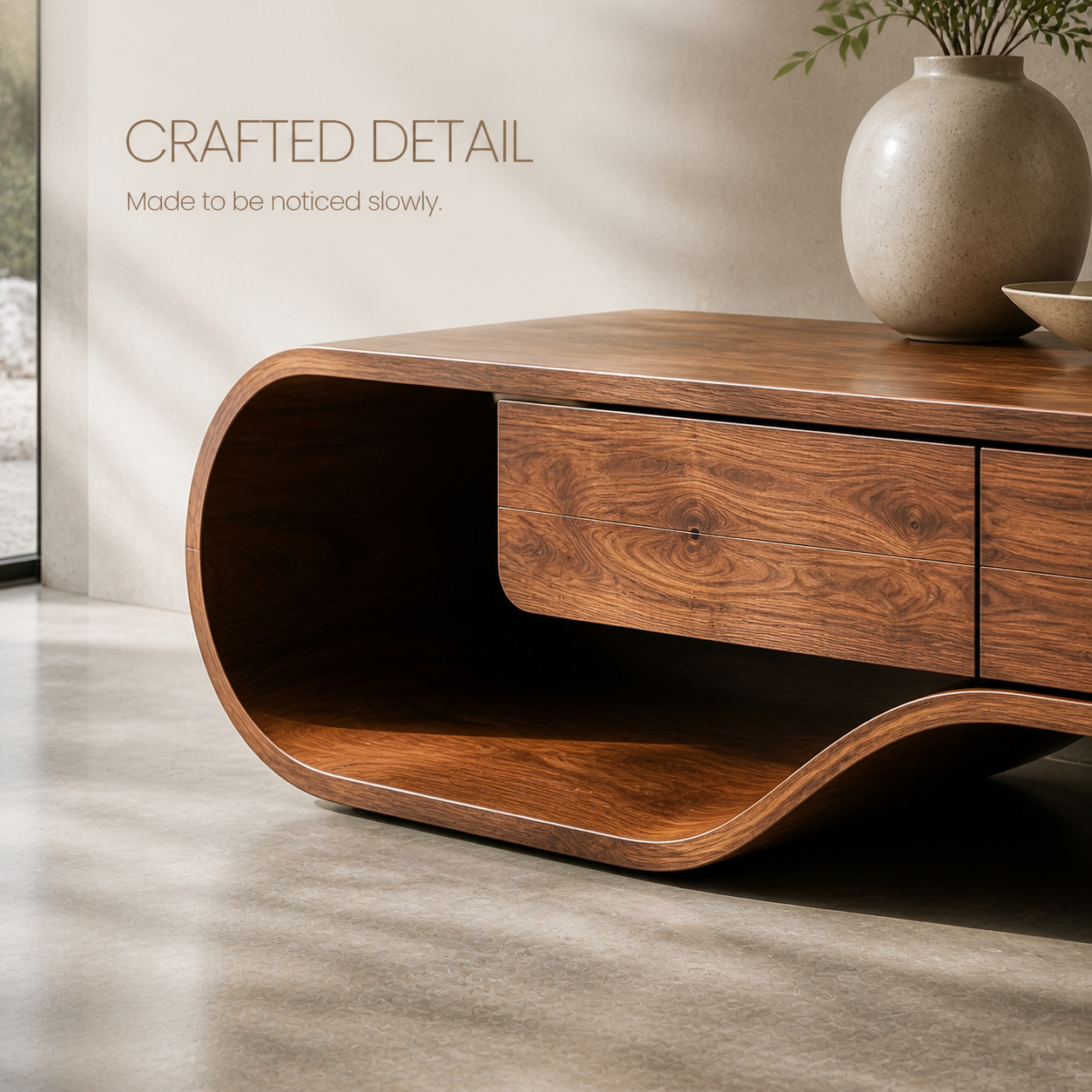 Ilyan Sculptural Solid Wood TV Stand - Design 051 - TV stand detail and styling view 05