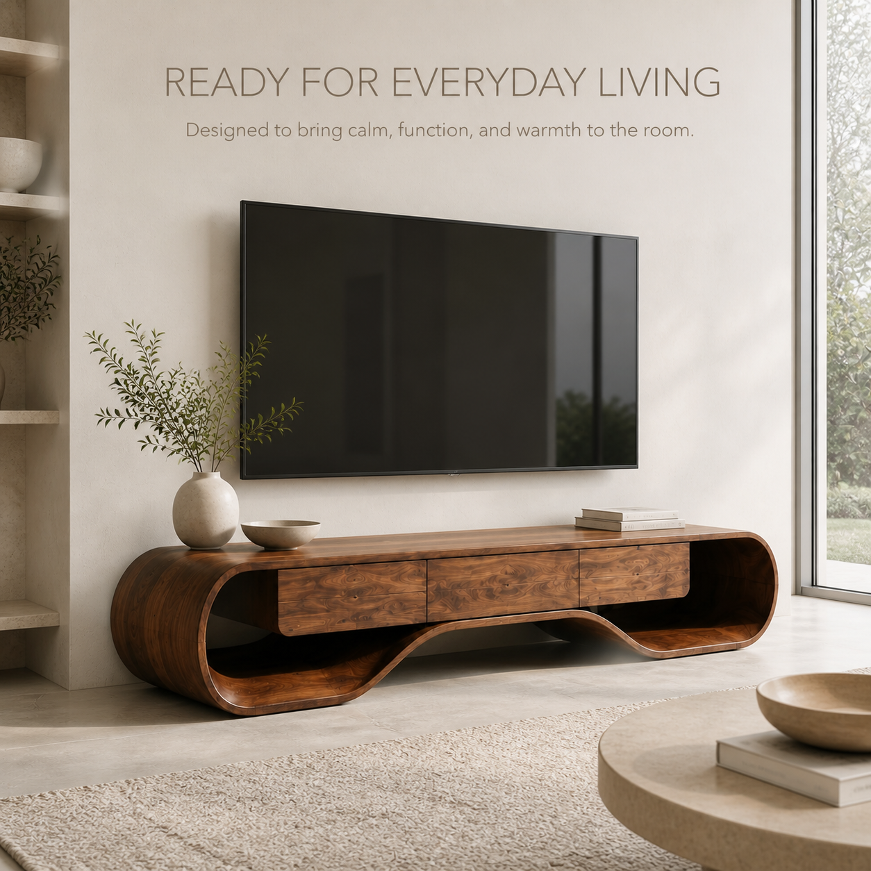 Ilyan Sculptural Solid Wood TV Stand - Design 051 - TV stand detail and styling view 06