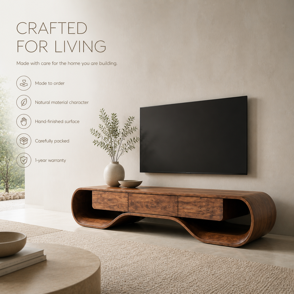 Ilyan Sculptural Solid Wood TV Stand - Design 051 - TV stand detail and styling view 08