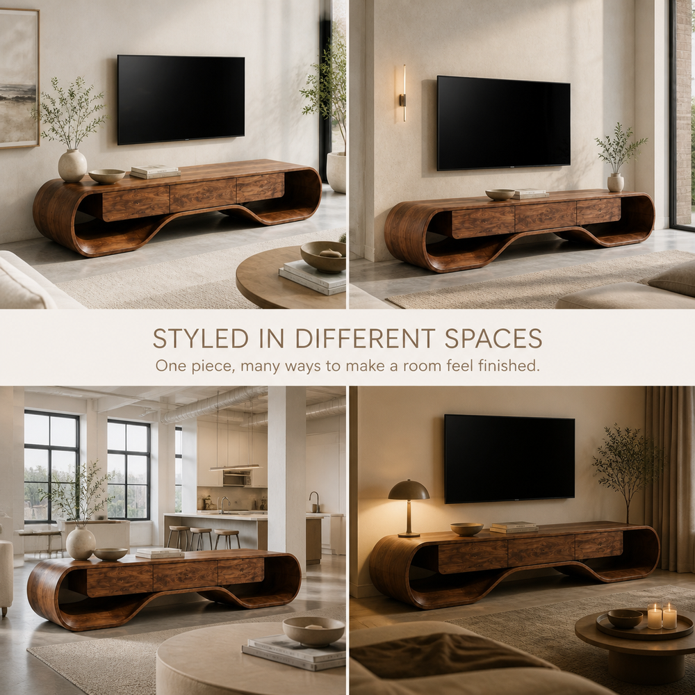 Ilyan Sculptural Solid Wood TV Stand - Design 051 - TV stand detail and styling view 09