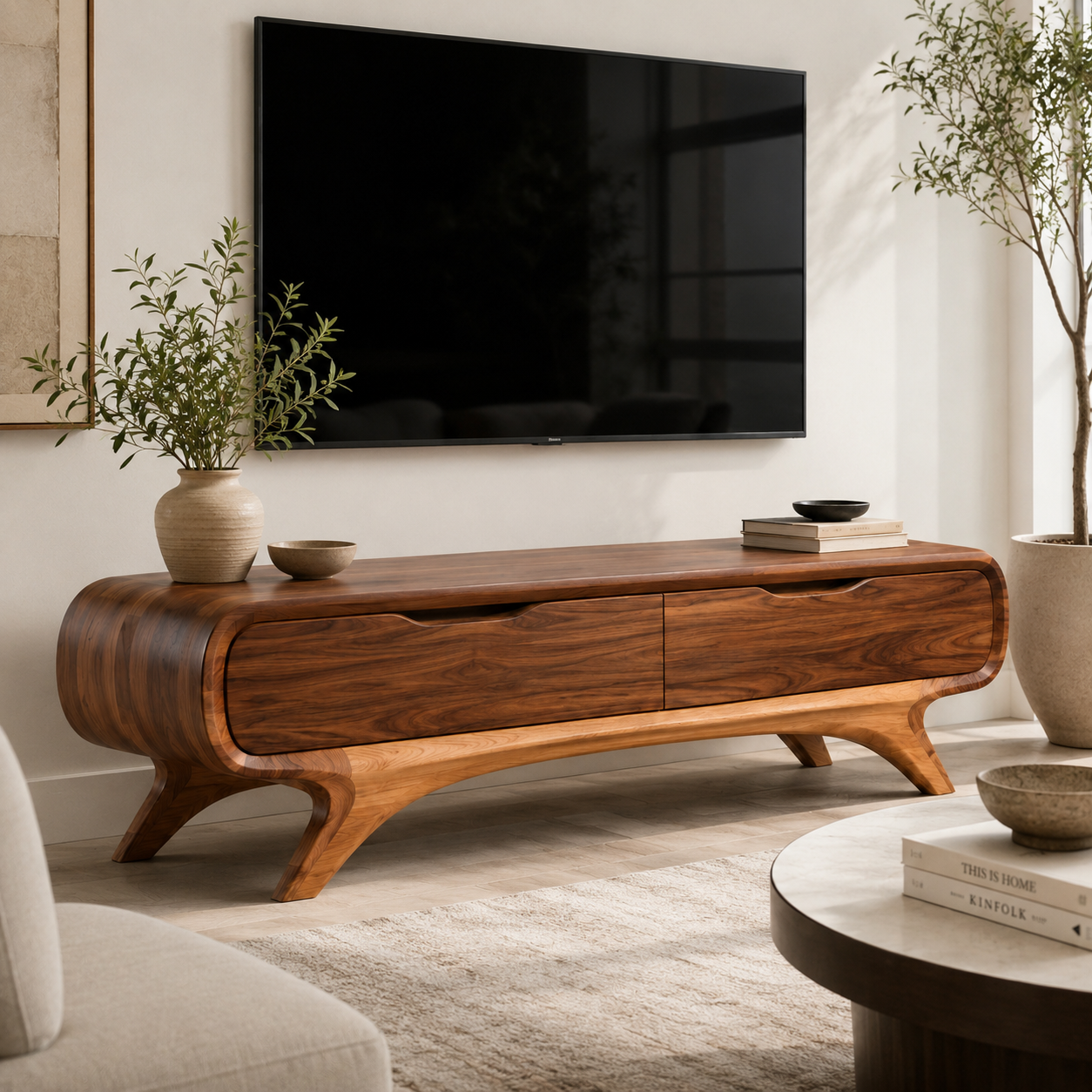 Sylvie Sculptural Solid Wood TV Stand - Design 052 - premium solid wood TV stand main lifestyle view
