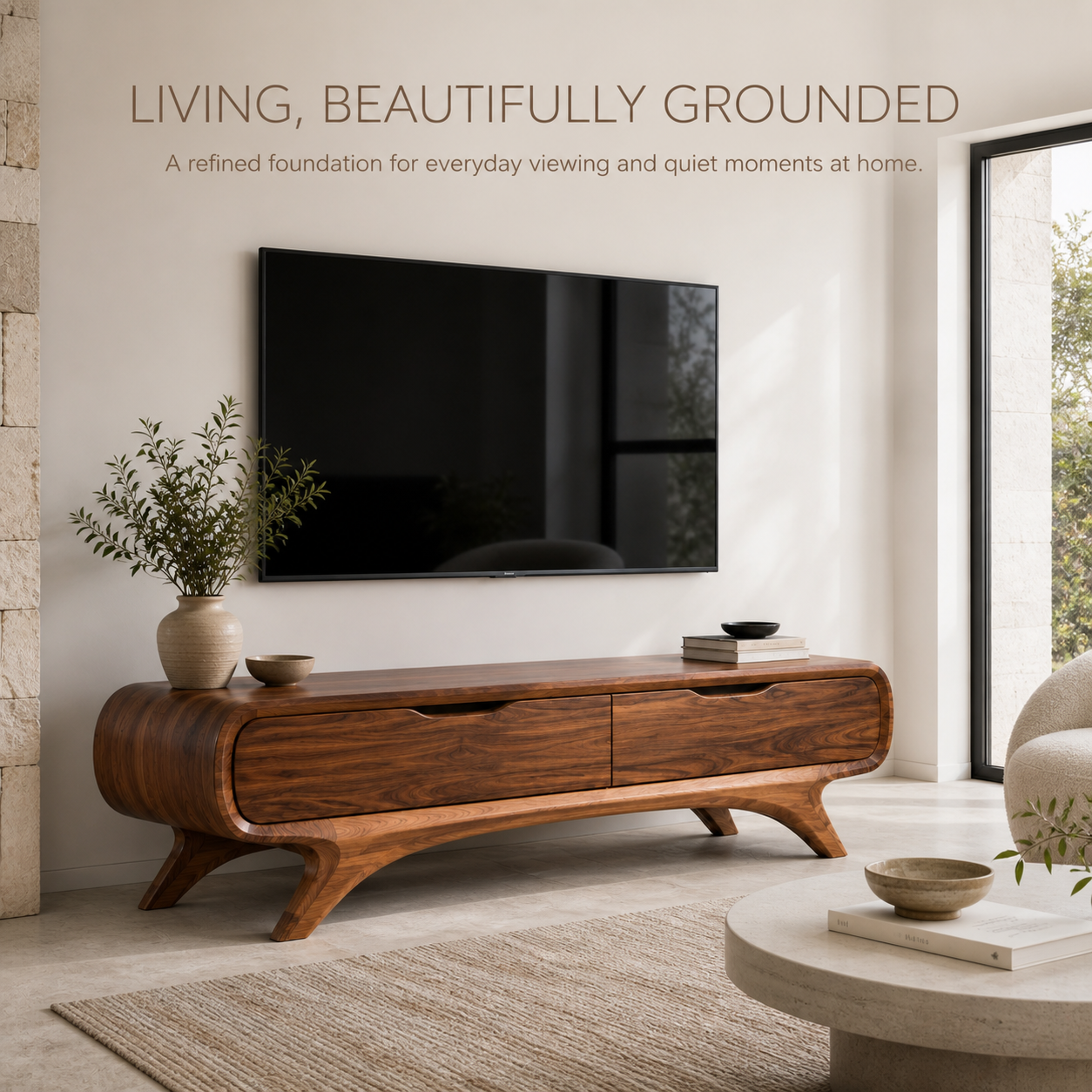 Sylvie Sculptural Solid Wood TV Stand - Design 052 - TV stand detail and styling view 01
