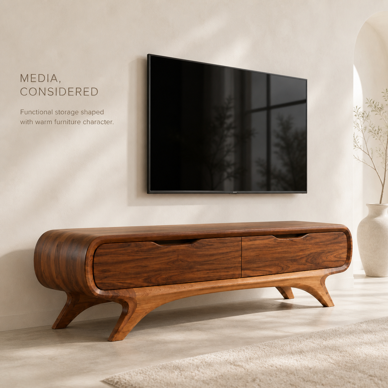 Sylvie Sculptural Solid Wood TV Stand - Design 052 - TV stand detail and styling view 02