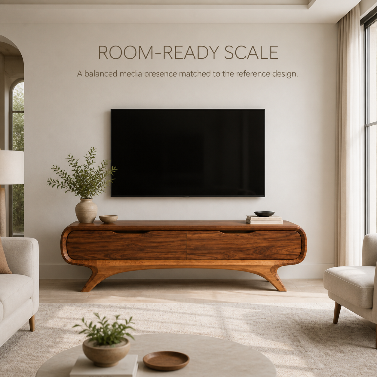 Sylvie Sculptural Solid Wood TV Stand - Design 052 - TV stand detail and styling view 03