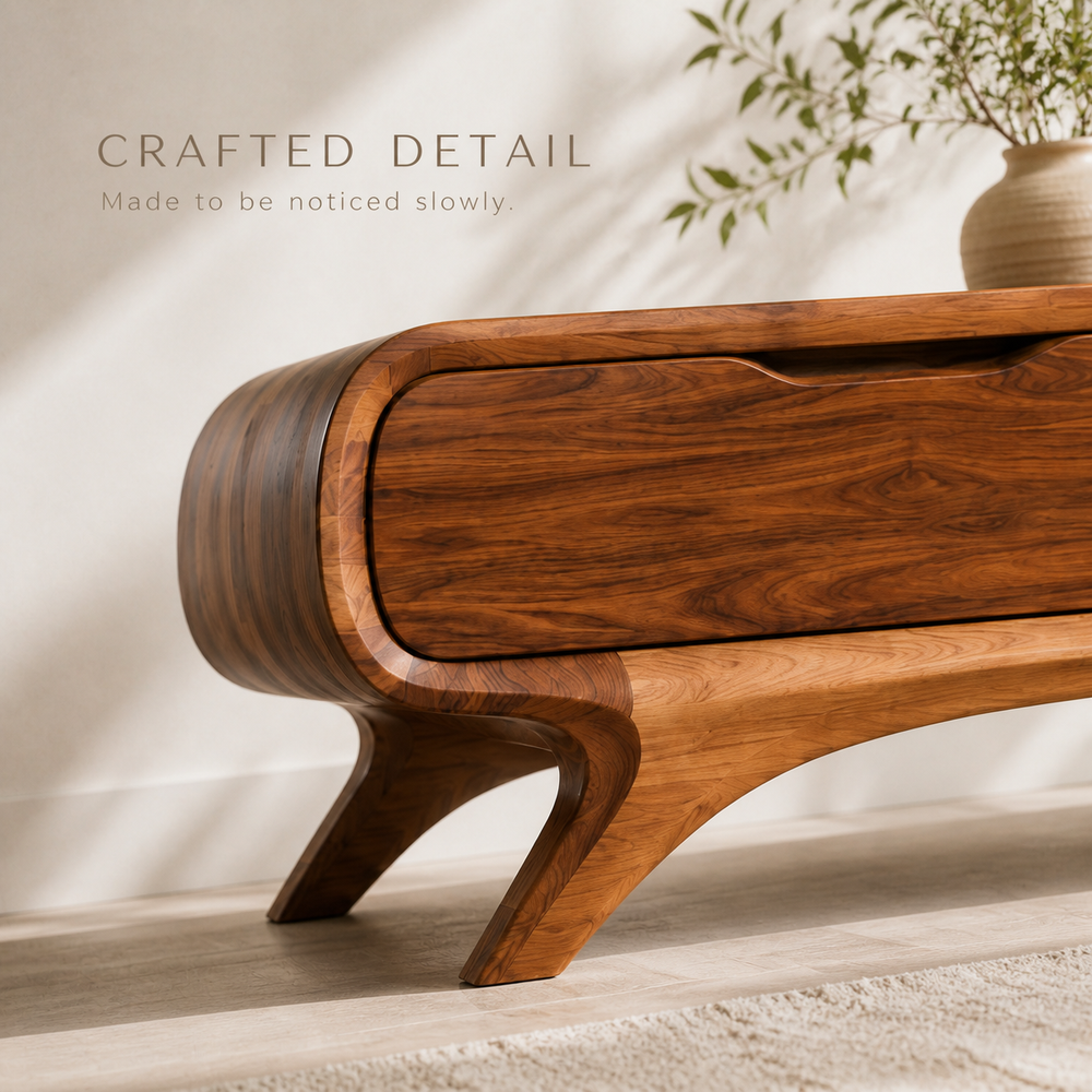 Sylvie Sculptural Solid Wood TV Stand - Design 052 - TV stand detail and styling view 05