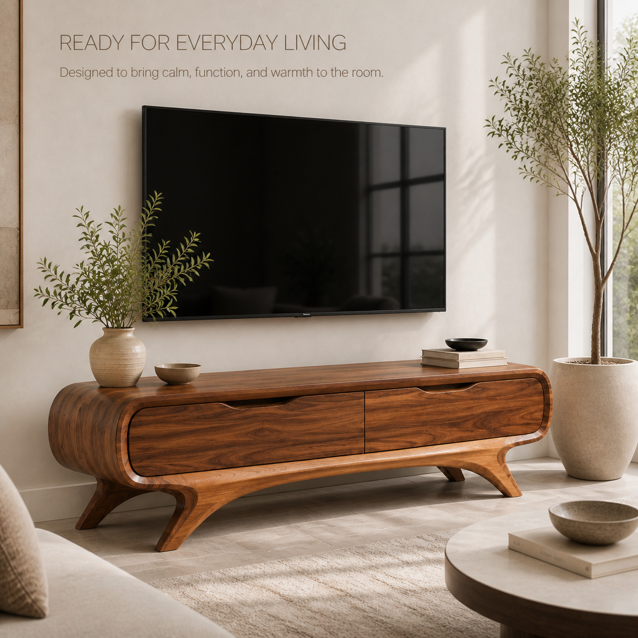 Sylvie Sculptural Solid Wood TV Stand - Design 052 - TV stand detail and styling view 06