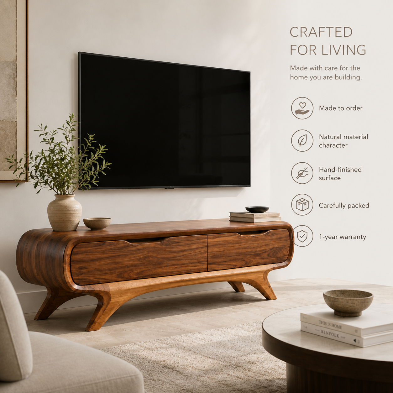 Sylvie Sculptural Solid Wood TV Stand - Design 052 - TV stand detail and styling view 08