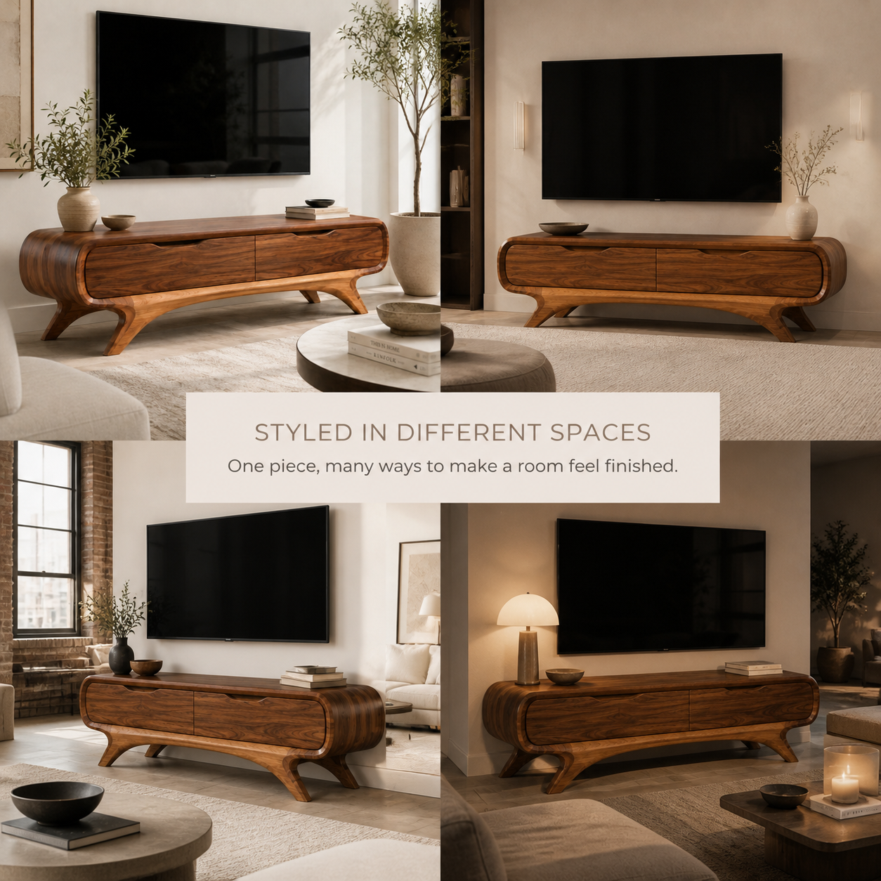 Sylvie Sculptural Solid Wood TV Stand - Design 052 - TV stand detail and styling view 09