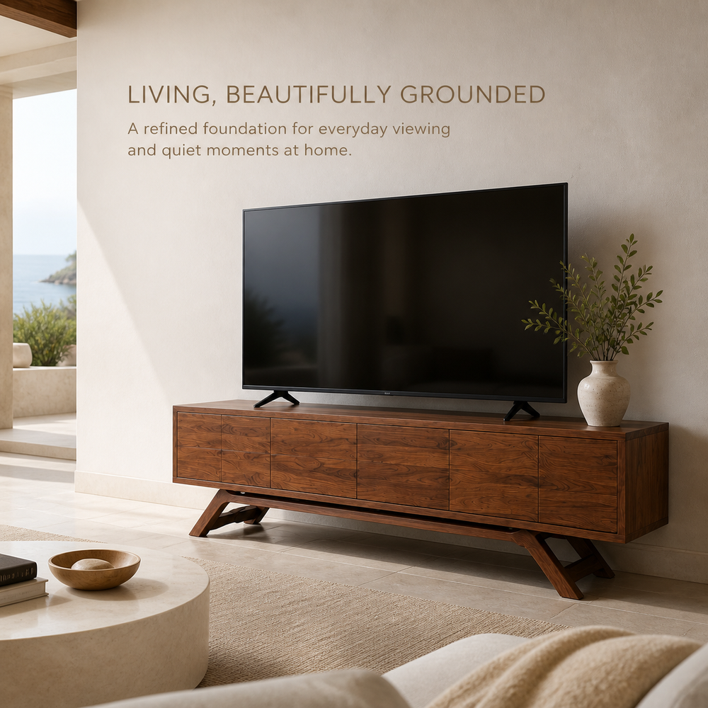 Varen Sculptural Solid Wood TV Stand - Design 053 - TV stand detail and styling view 01