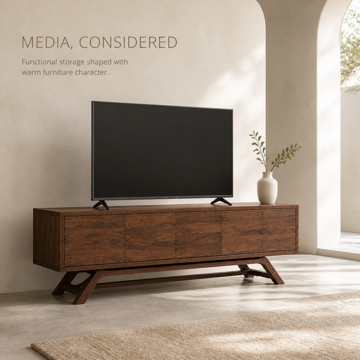 Varen Sculptural Solid Wood TV Stand - Design 053 - TV stand detail and styling view 02