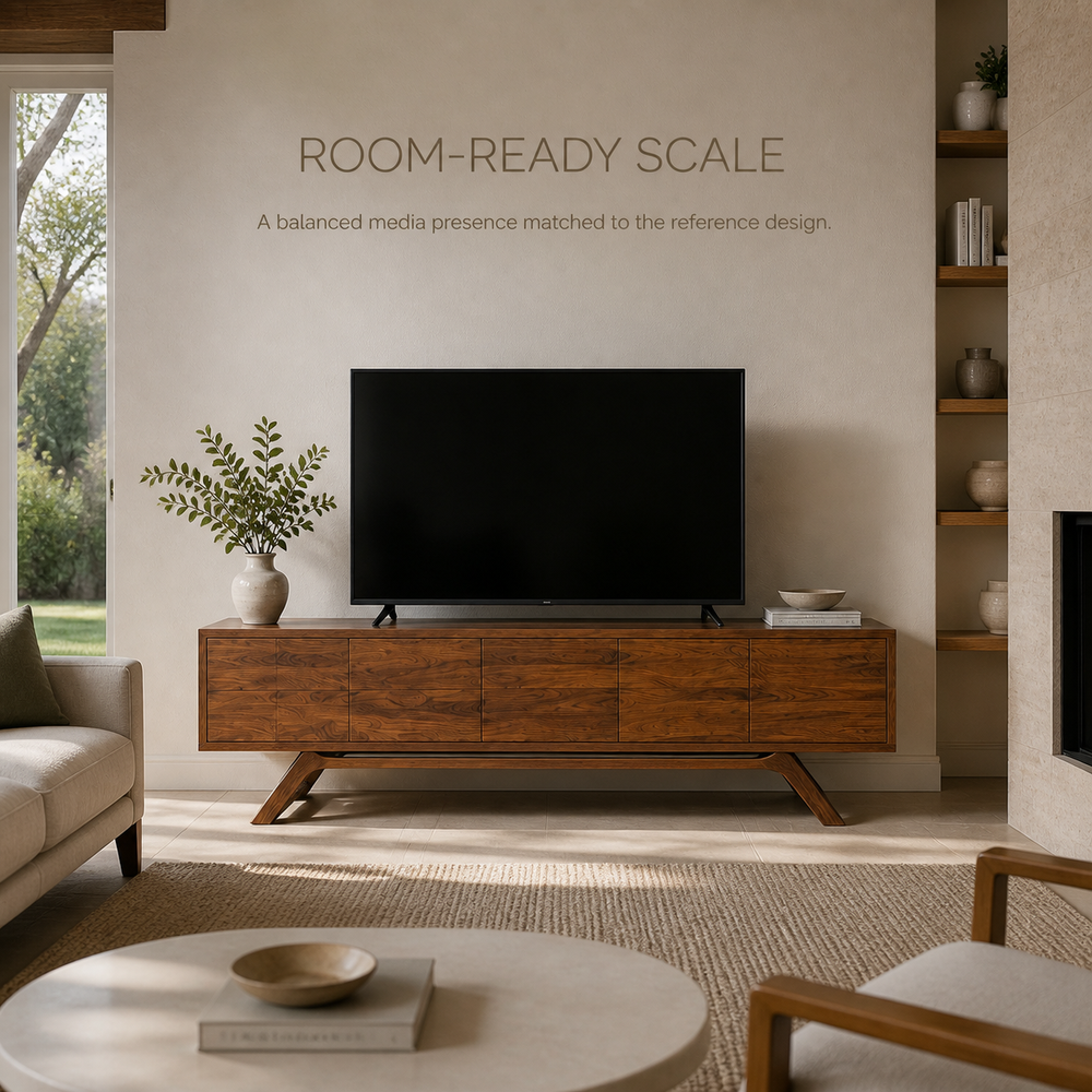 Varen Sculptural Solid Wood TV Stand - Design 053 - TV stand detail and styling view 03