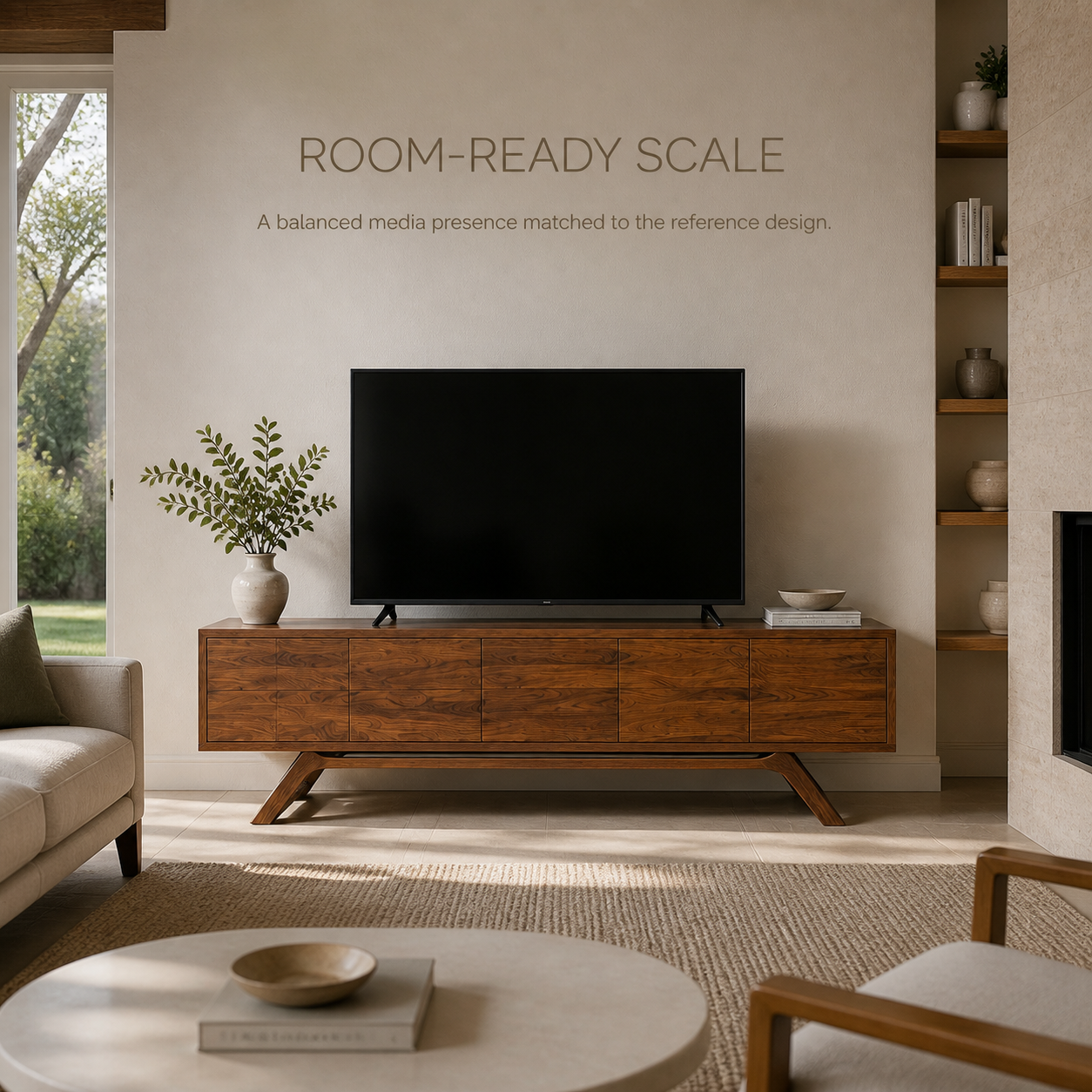 Varen Sculptural Solid Wood TV Stand - Design 053 - TV stand detail and styling view 03