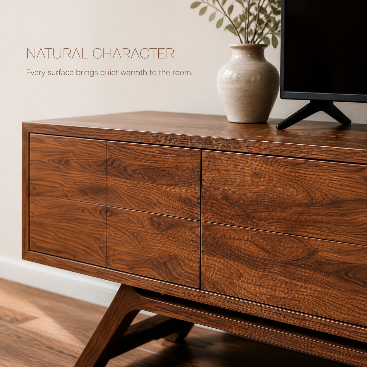 Varen Sculptural Solid Wood TV Stand - Design 053 - TV stand detail and styling view 04