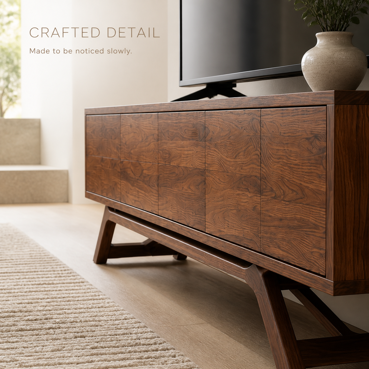 Varen Sculptural Solid Wood TV Stand - Design 053 - TV stand detail and styling view 05