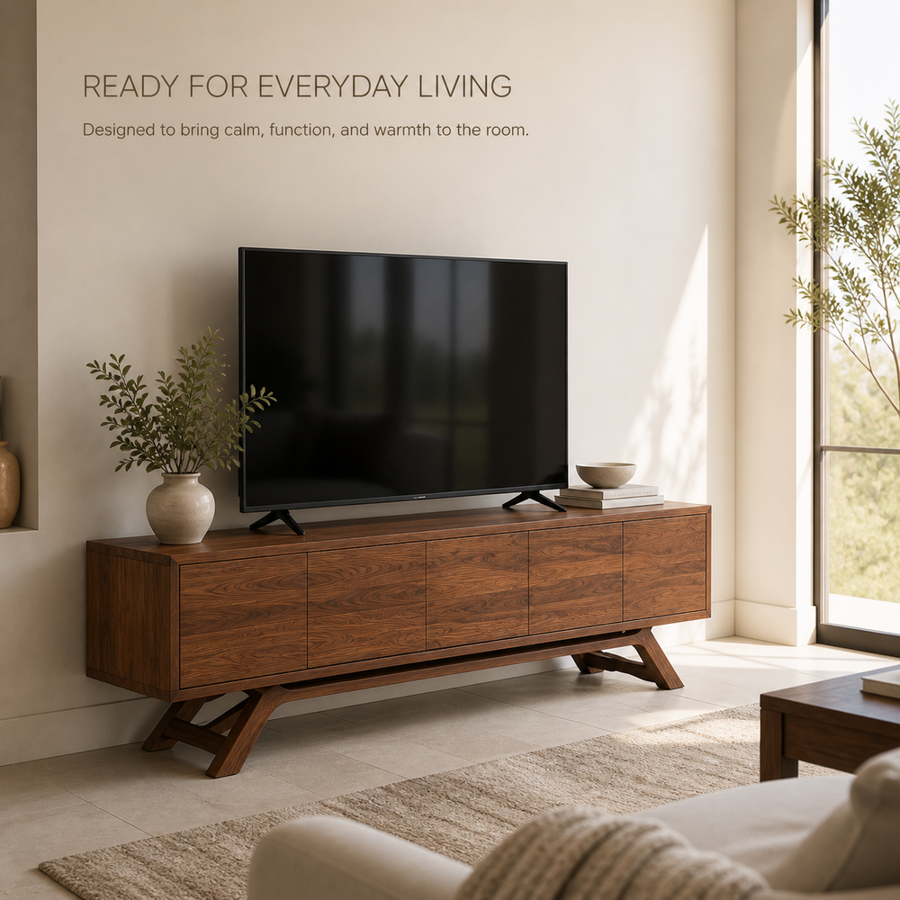 Varen Sculptural Solid Wood TV Stand - Design 053 - TV stand detail and styling view 06