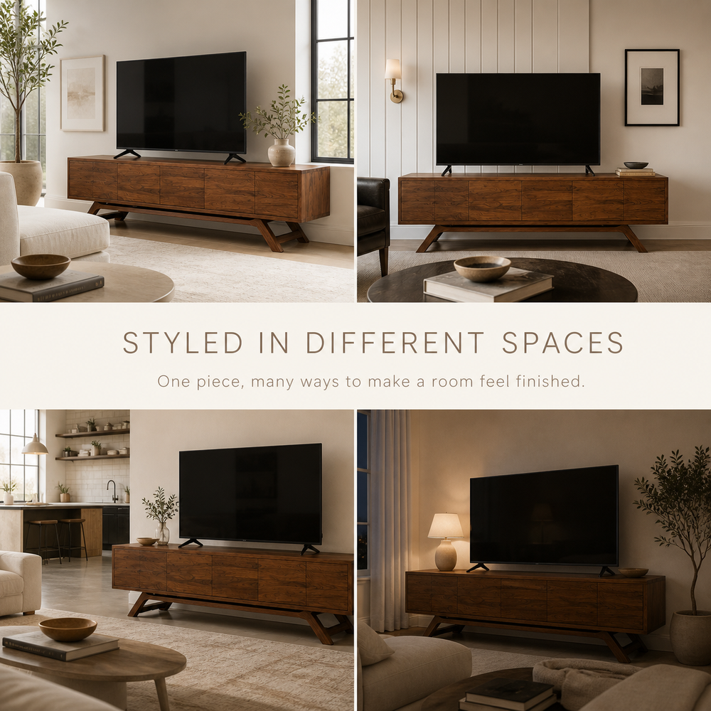 Varen Sculptural Solid Wood TV Stand - Design 053 - TV stand detail and styling view 09