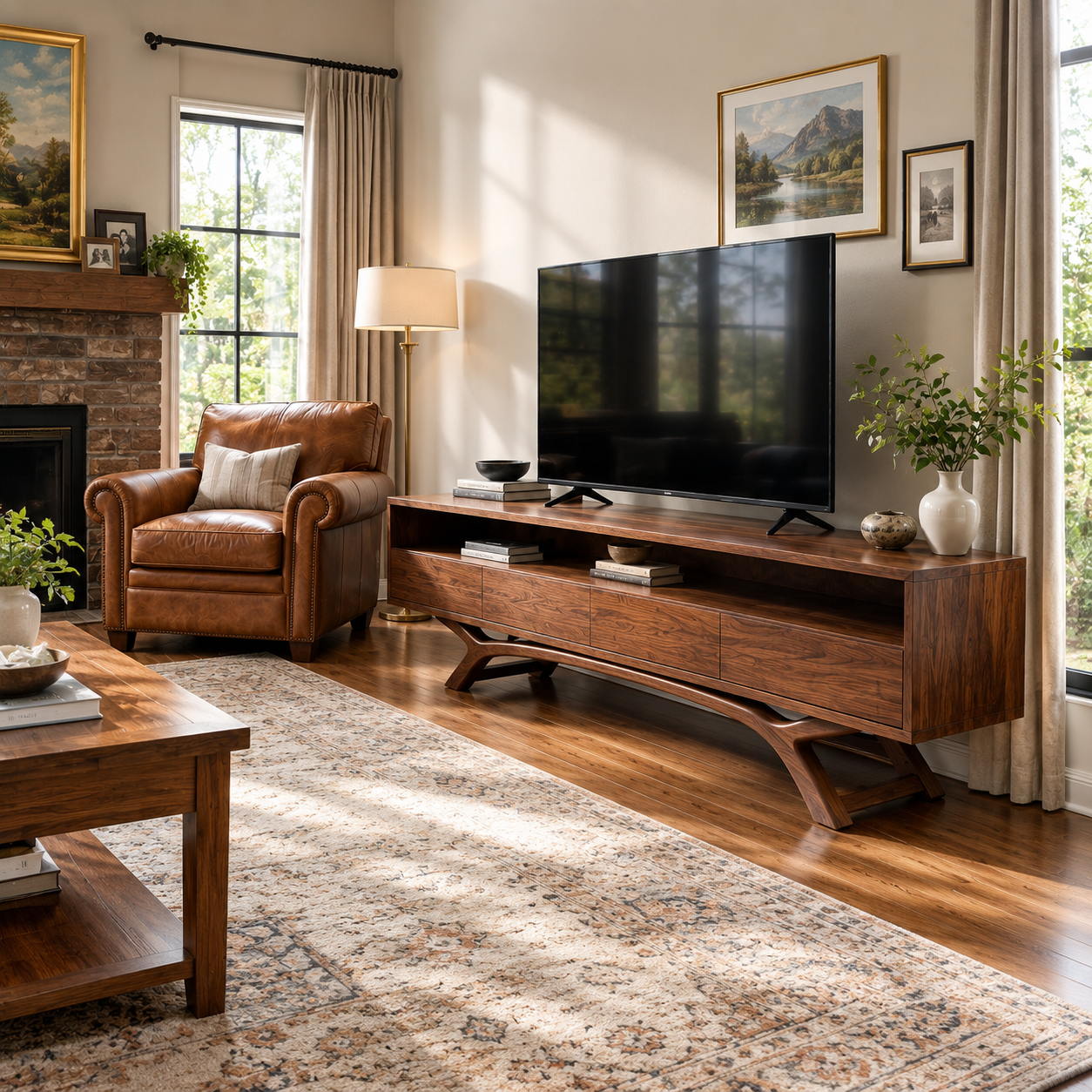 Celeste Sculptural Solid Wood TV Stand - Design 054 - premium solid wood TV stand main lifestyle view