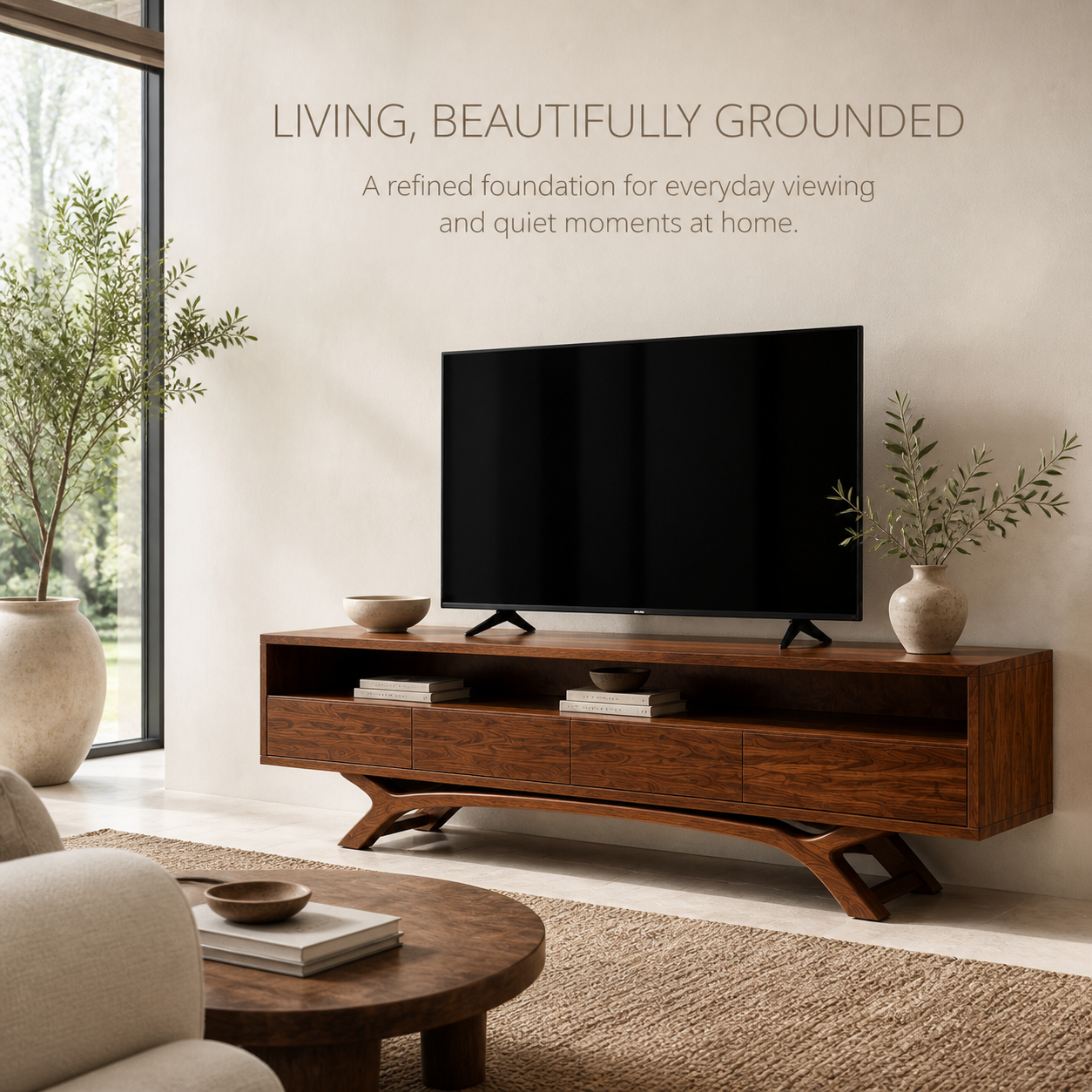 Celeste Sculptural Solid Wood TV Stand - Design 054 - TV stand detail and styling view 01
