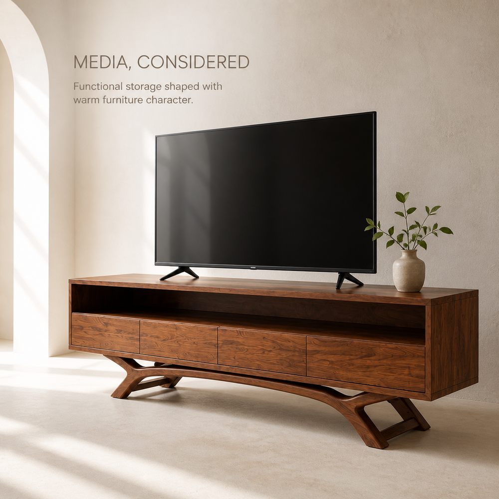 Celeste Sculptural Solid Wood TV Stand - Design 054 - TV stand detail and styling view 02