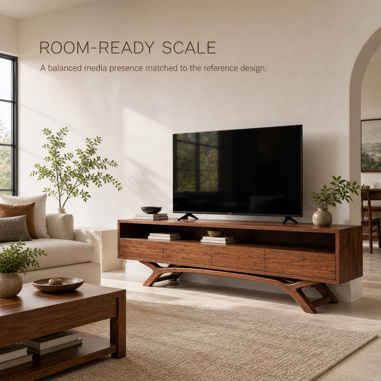 Celeste Sculptural Solid Wood TV Stand - Design 054 - TV stand detail and styling view 03