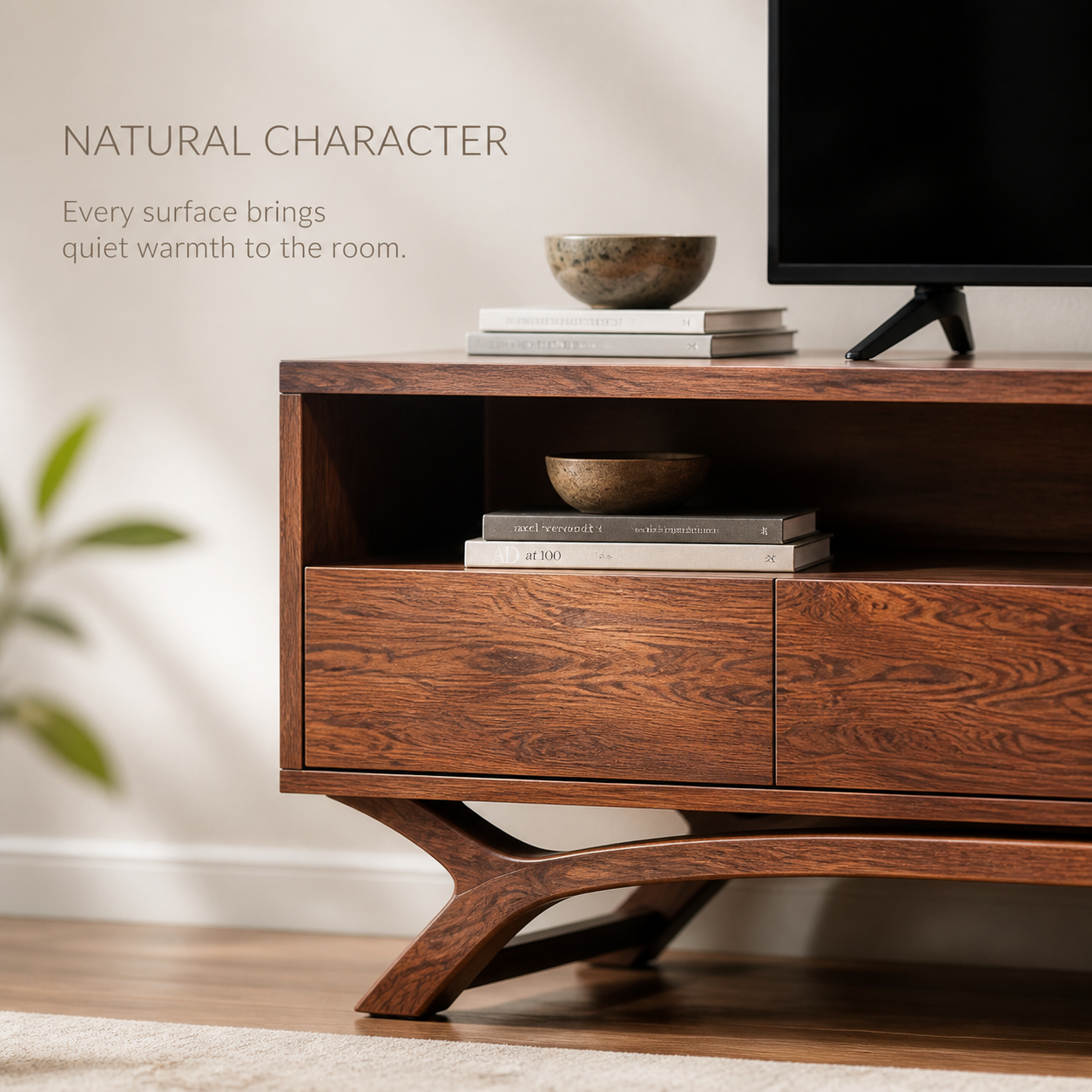Celeste Sculptural Solid Wood TV Stand - Design 054 - TV stand detail and styling view 04
