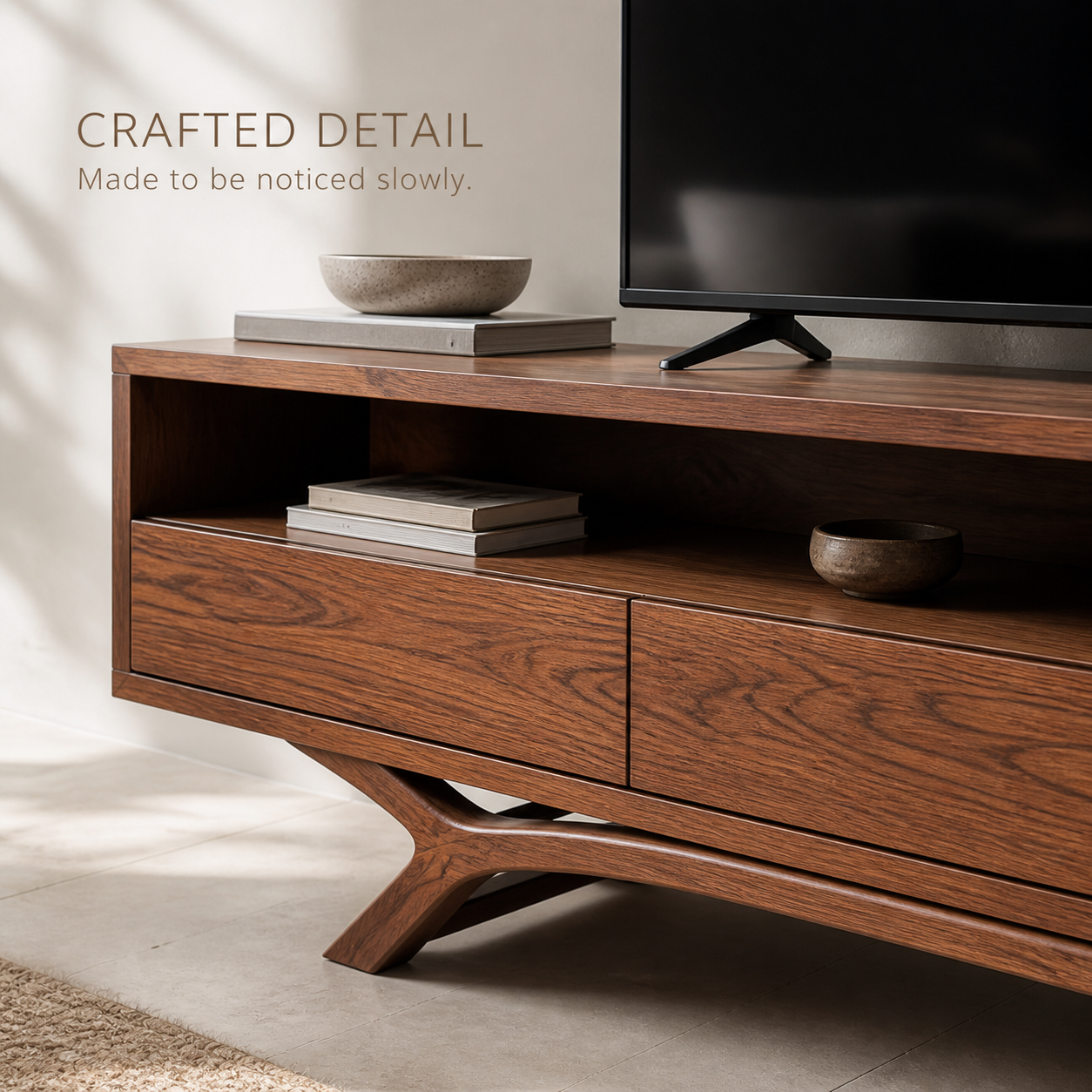 Celeste Sculptural Solid Wood TV Stand - Design 054 - TV stand detail and styling view 05