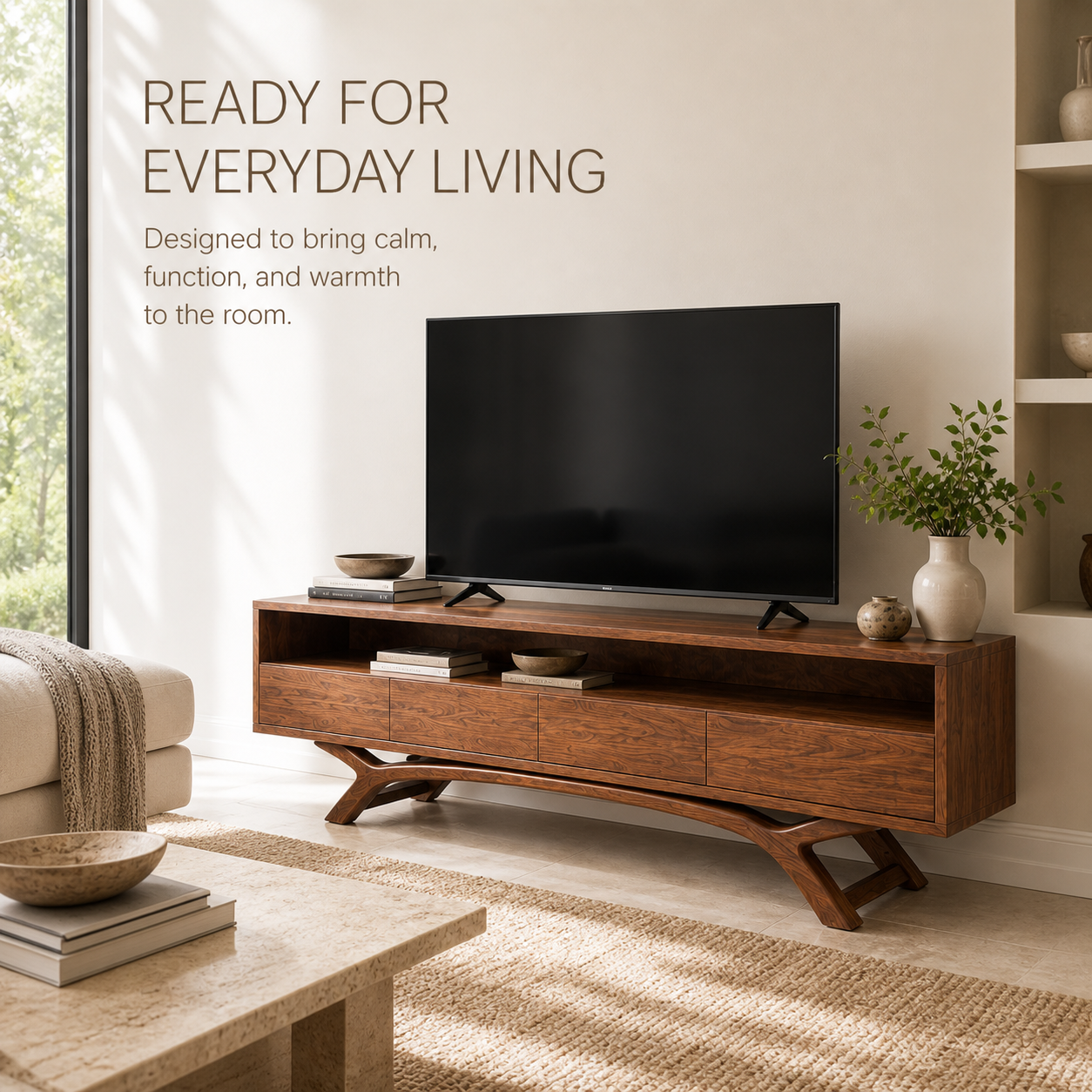 Celeste Sculptural Solid Wood TV Stand - Design 054 - TV stand detail and styling view 06