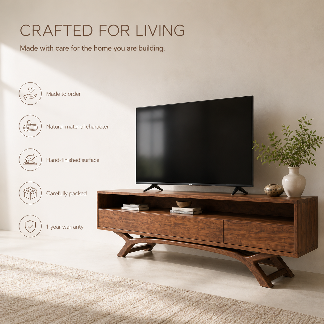 Celeste Sculptural Solid Wood TV Stand - Design 054 - TV stand detail and styling view 08