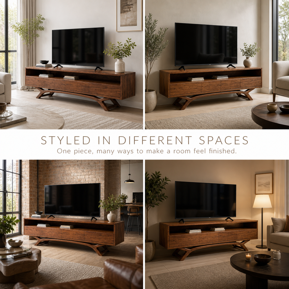 Celeste Sculptural Solid Wood TV Stand - Design 054 - TV stand detail and styling view 09