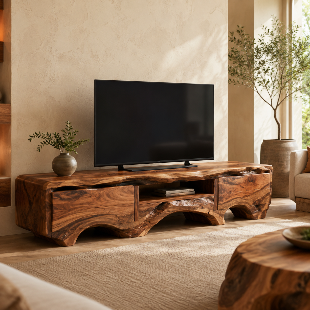 Arlen Sculptural Solid Wood TV Stand - Design 055 - premium solid wood TV stand main lifestyle view