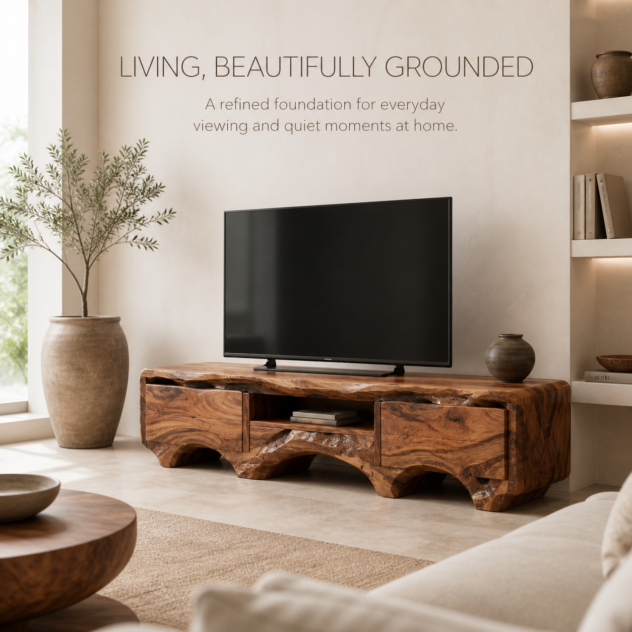 Arlen Sculptural Solid Wood TV Stand - Design 055 - TV stand detail and styling view 01