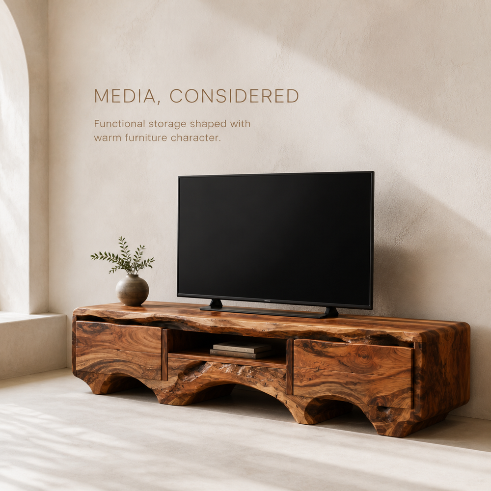 Arlen Sculptural Solid Wood TV Stand - Design 055 - TV stand detail and styling view 02