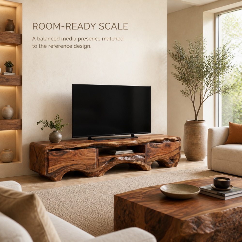 Arlen Sculptural Solid Wood TV Stand - Design 055 - TV stand detail and styling view 03