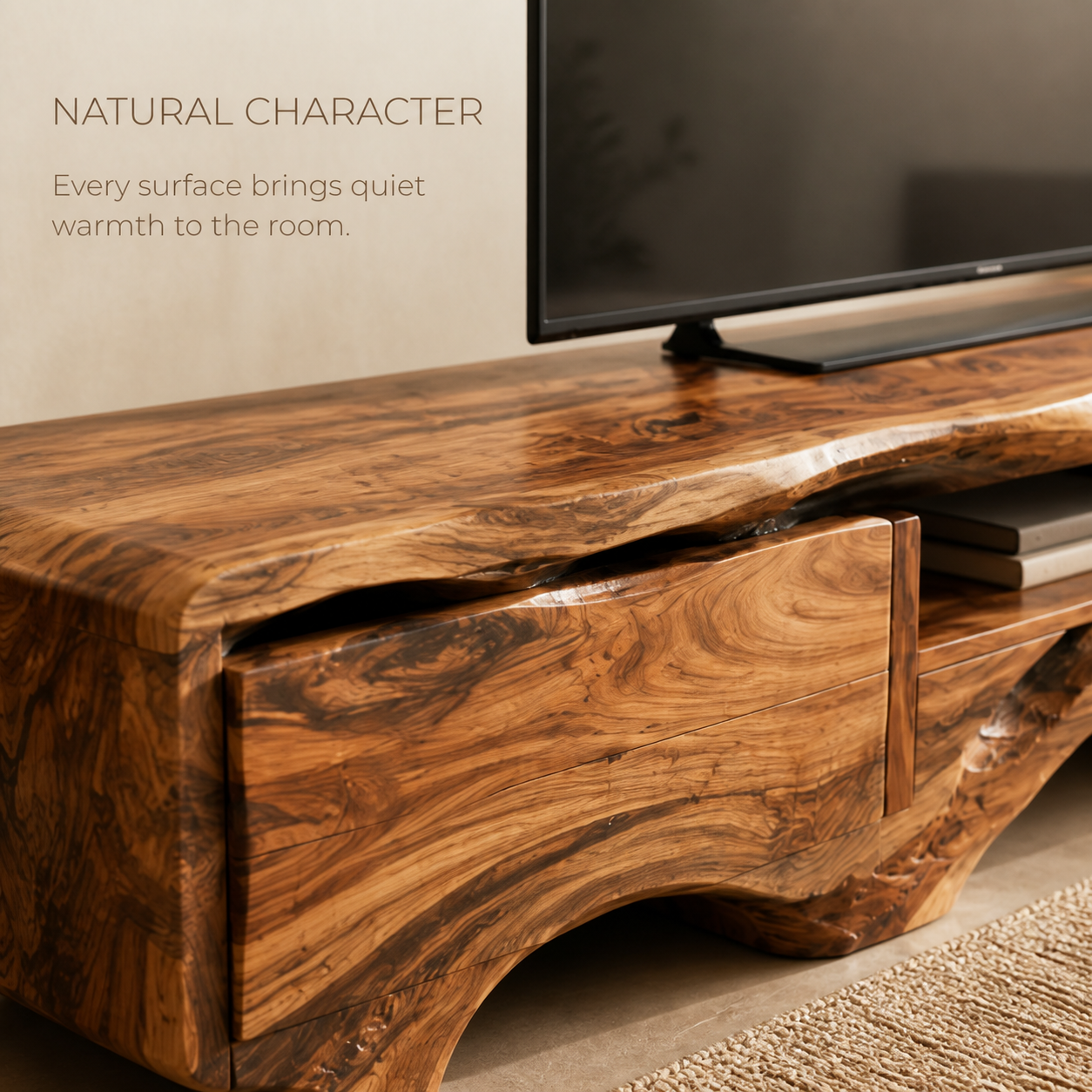 Arlen Sculptural Solid Wood TV Stand - Design 055 - TV stand detail and styling view 04